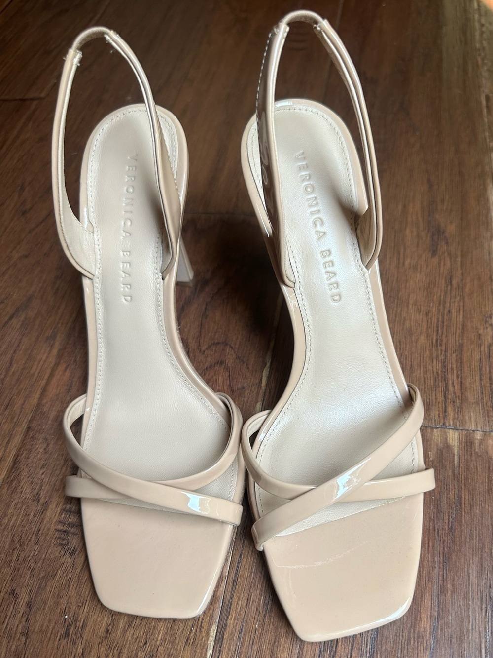 NWOT Veronica Beard Analita Patent Leather Halter Nude Slingback Strappy Heels